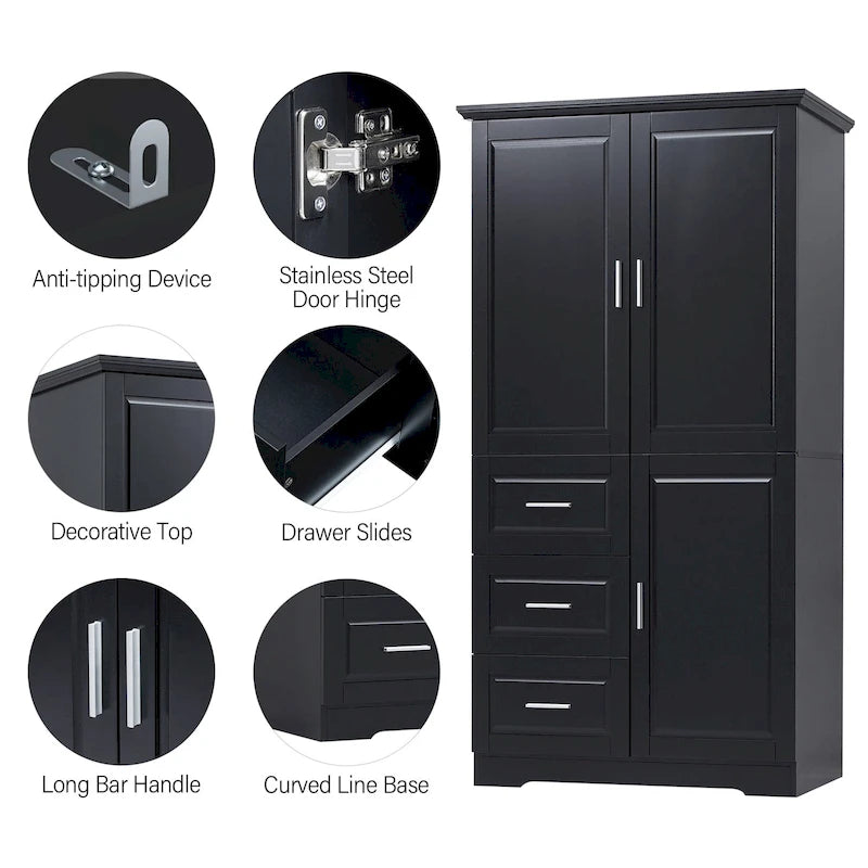 Tall Wide Storage Cabinet with Doors, 3 Drawers & Adjustable Shelf