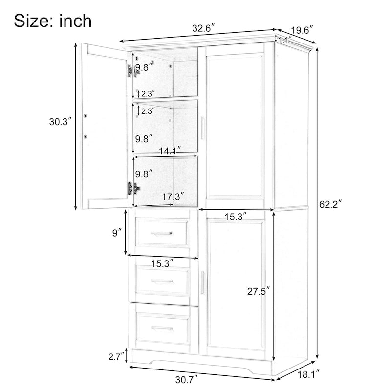 Tall Wide Storage Cabinet with Doors, 3 Drawers & Adjustable Shelf
