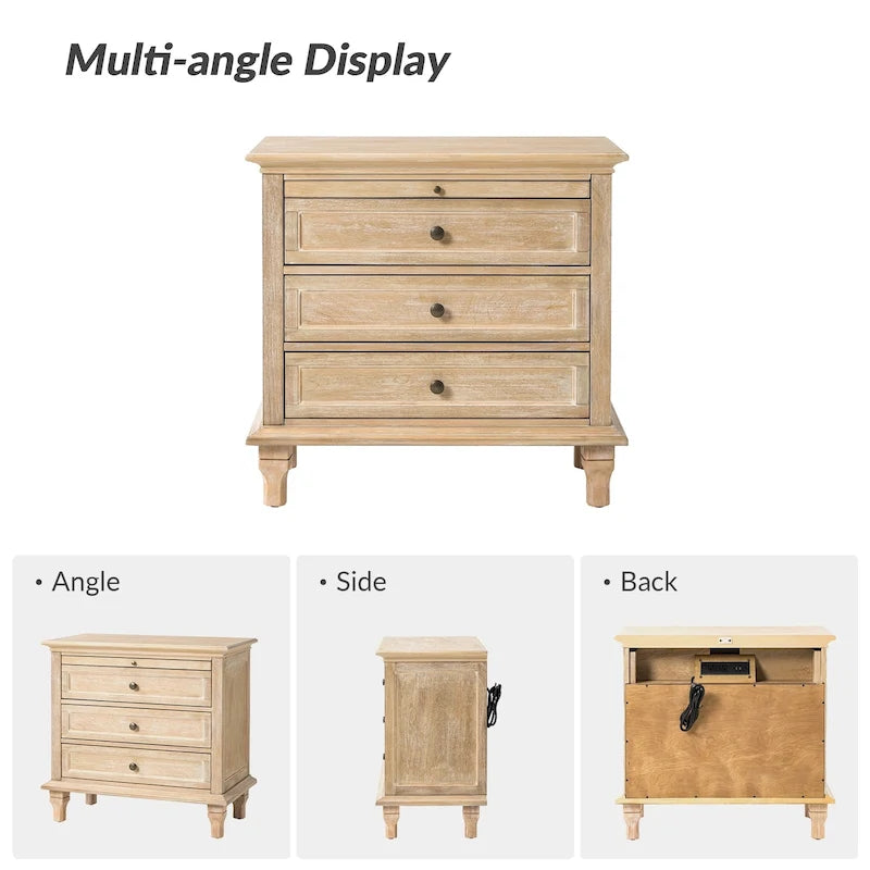 Farmhouse 3-Drawer Nightstand with Built-In Charging Station