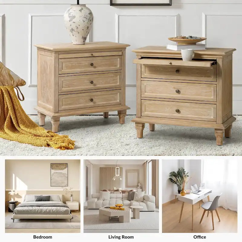 Farmhouse 3-Drawer Nightstand with Built-In Charging Station