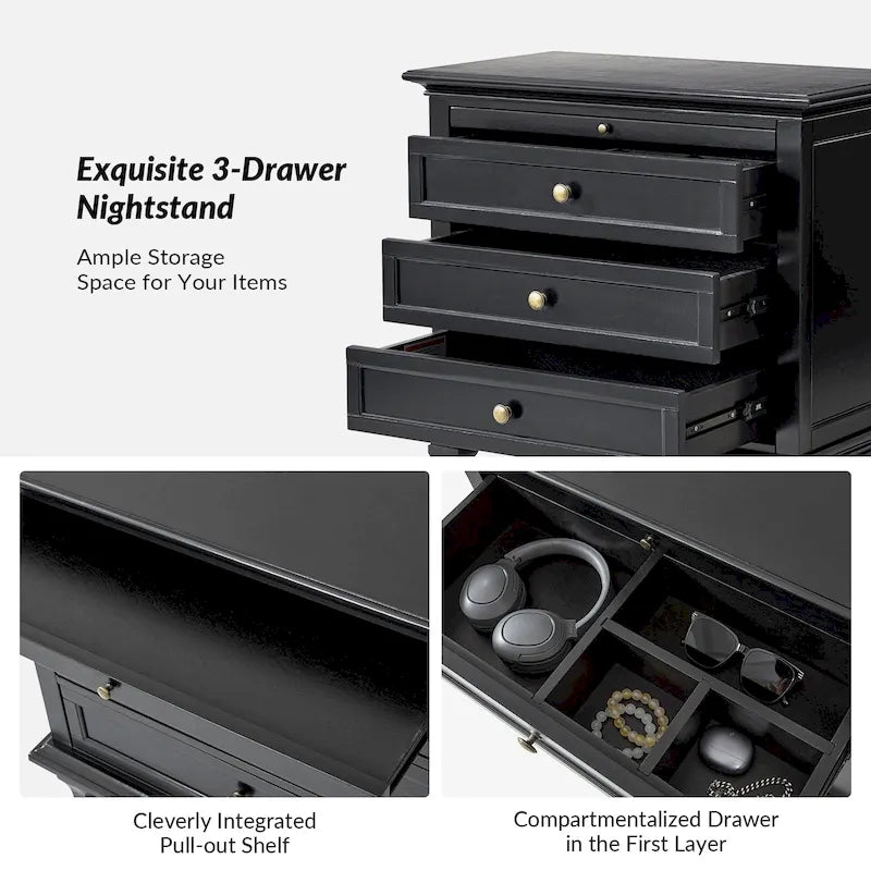 Farmhouse 3-Drawer Nightstand with Built-In Charging Station