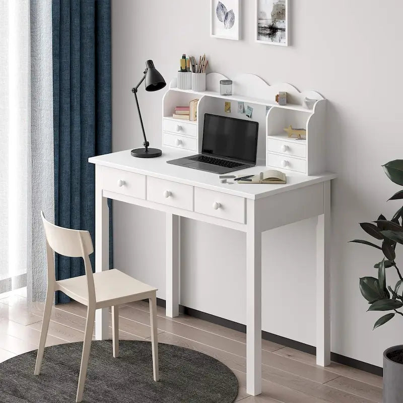 Home Office Writing Desk with 7 Drawers, Hutch & USB Ports