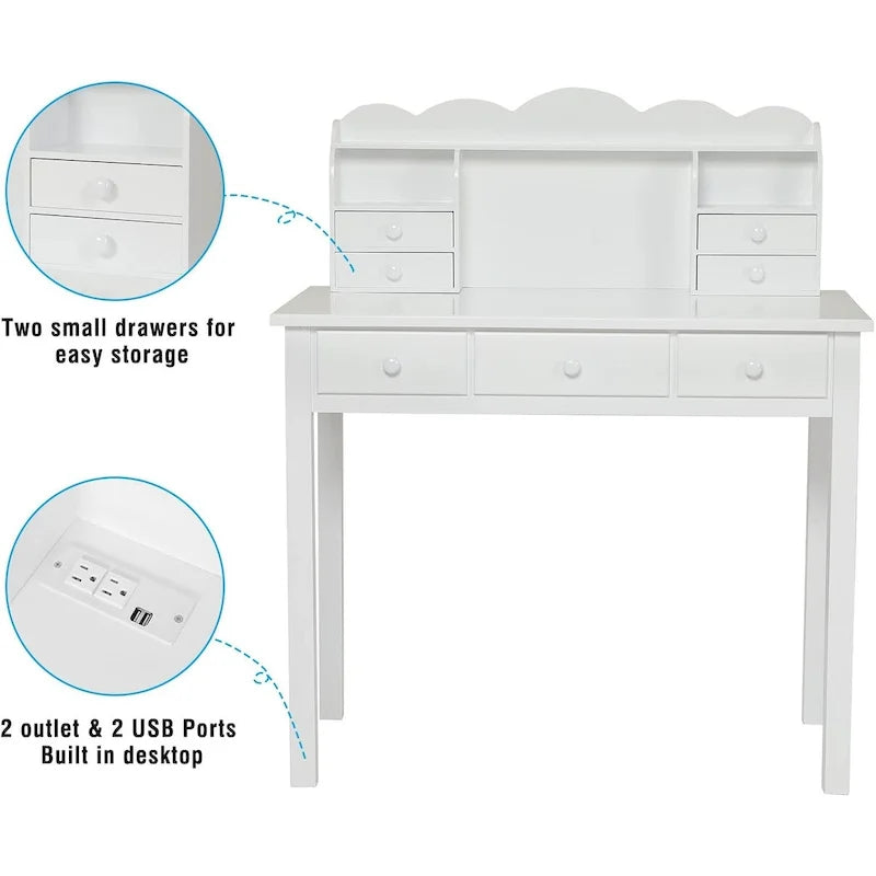 Home Office Writing Desk with 7 Drawers, Hutch & USB Ports