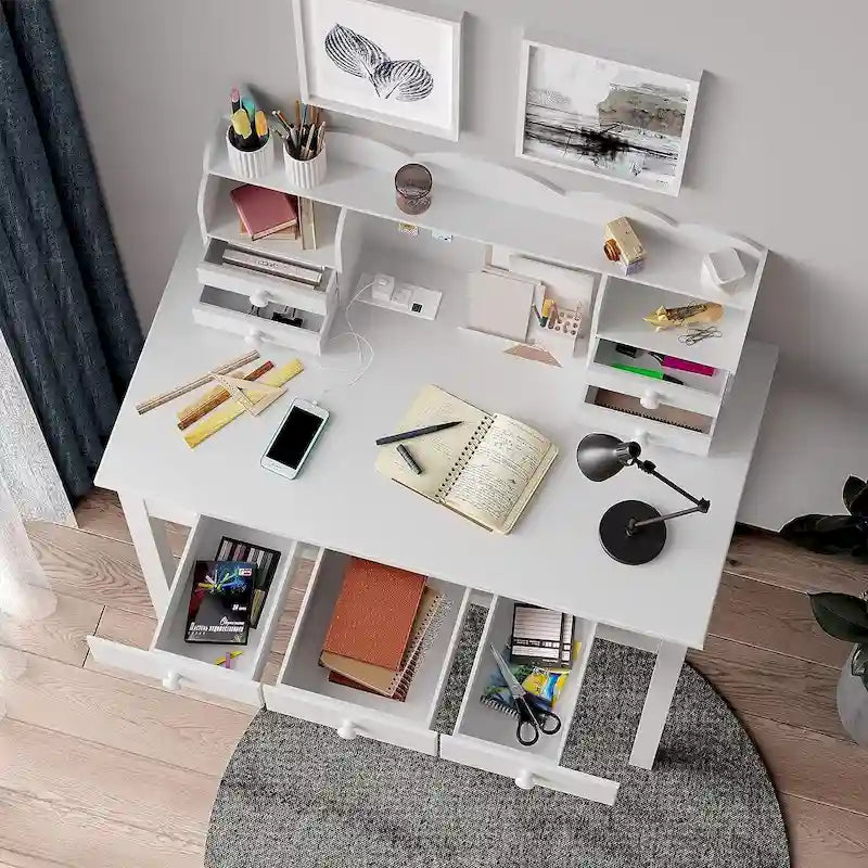 Home Office Writing Desk with 7 Drawers, Hutch & USB Ports