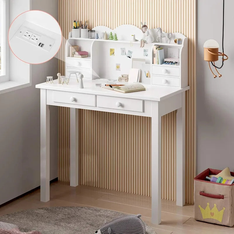 Home Office Writing Desk with 7 Drawers, Hutch & USB Ports