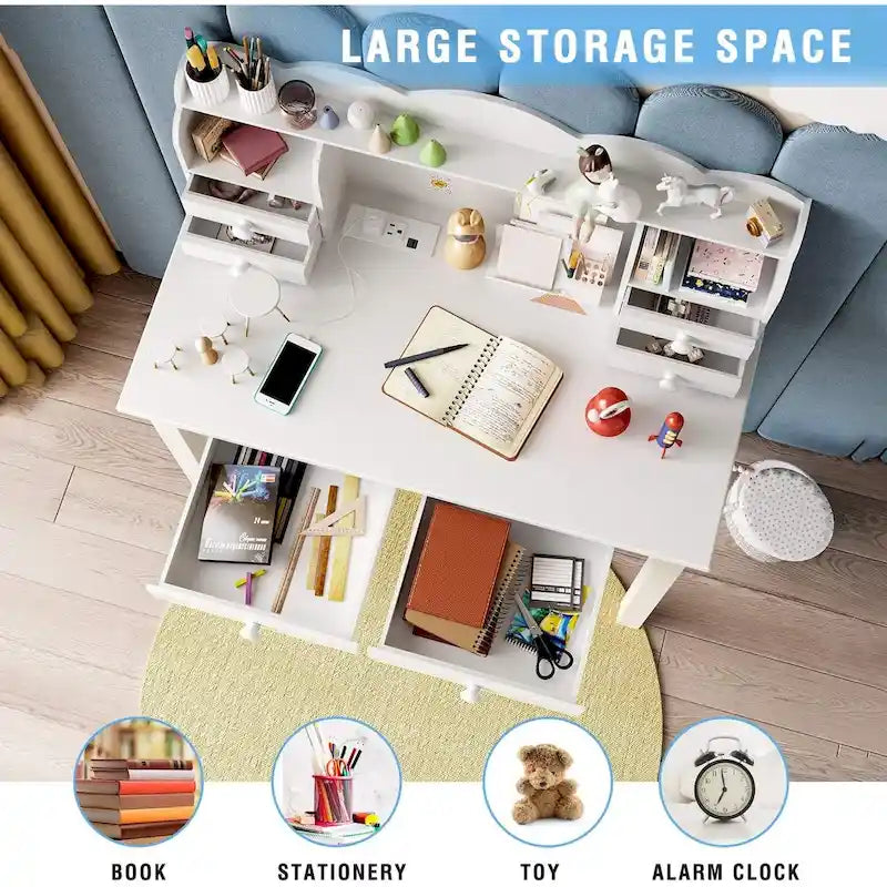 Home Office Writing Desk with 7 Drawers, Hutch & USB Ports
