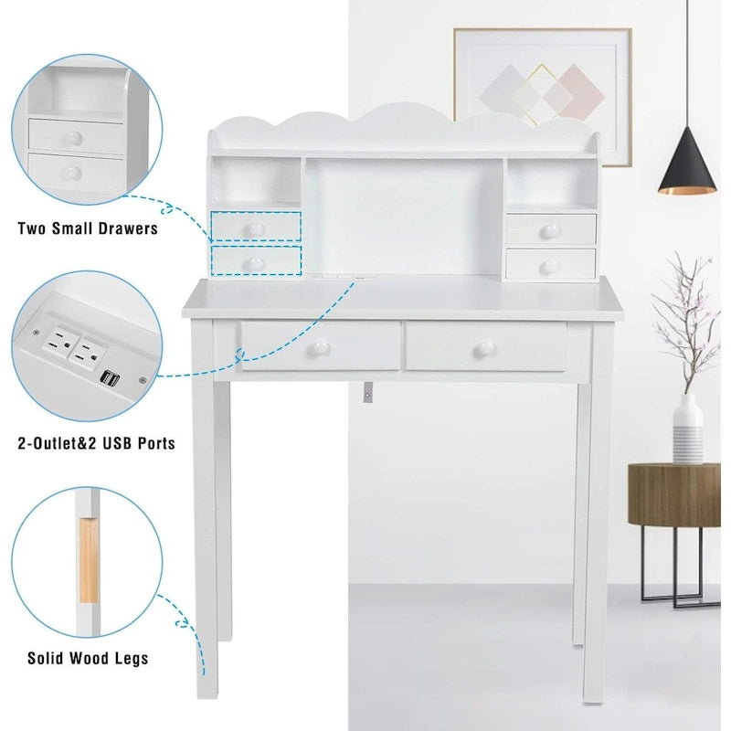 Home Office Writing Desk with 7 Drawers, Hutch & USB Ports