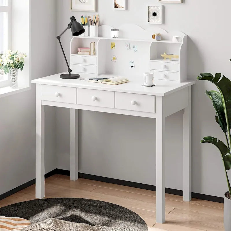 Home Office Writing Desk with 7 Drawers, Hutch & USB Ports