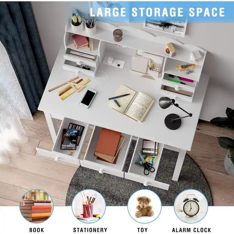 Home Office Writing Desk with 7 Drawers, Hutch & USB Ports