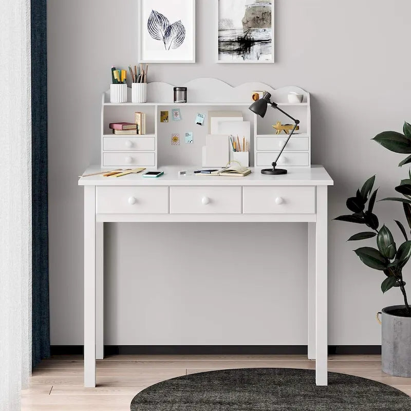Home Office Writing Desk with 7 Drawers, Hutch & USB Ports
