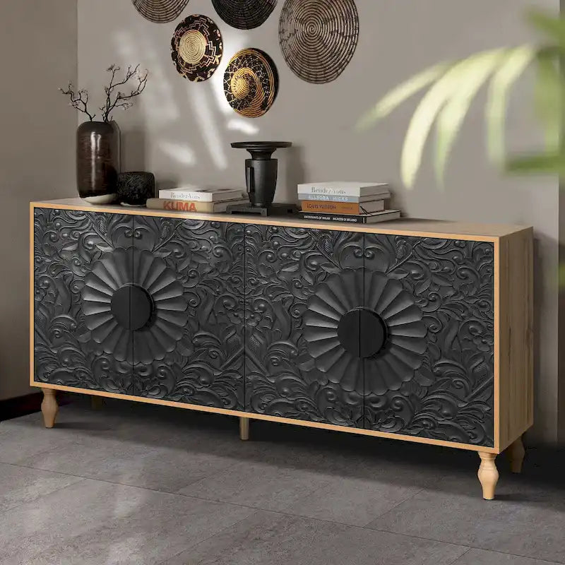 Vintage Carved Door TV Stand & Storage Cabinet