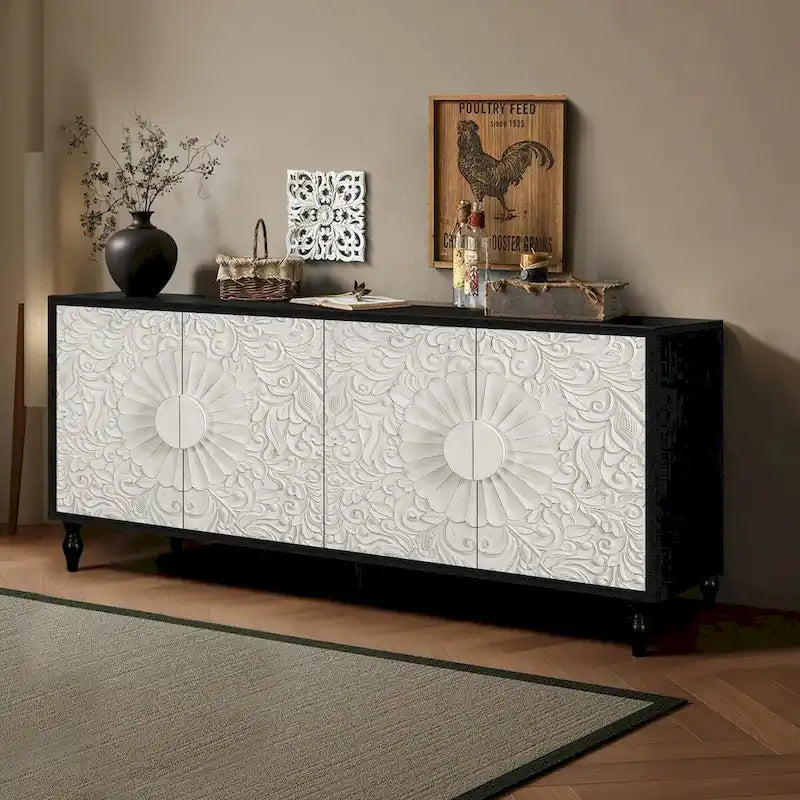 Vintage Carved Door TV Stand & Storage Cabinet