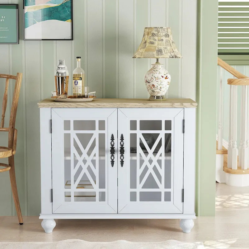 Vintage Style Wood Buffet Sideboard Cabinet with Glass Panel Doors