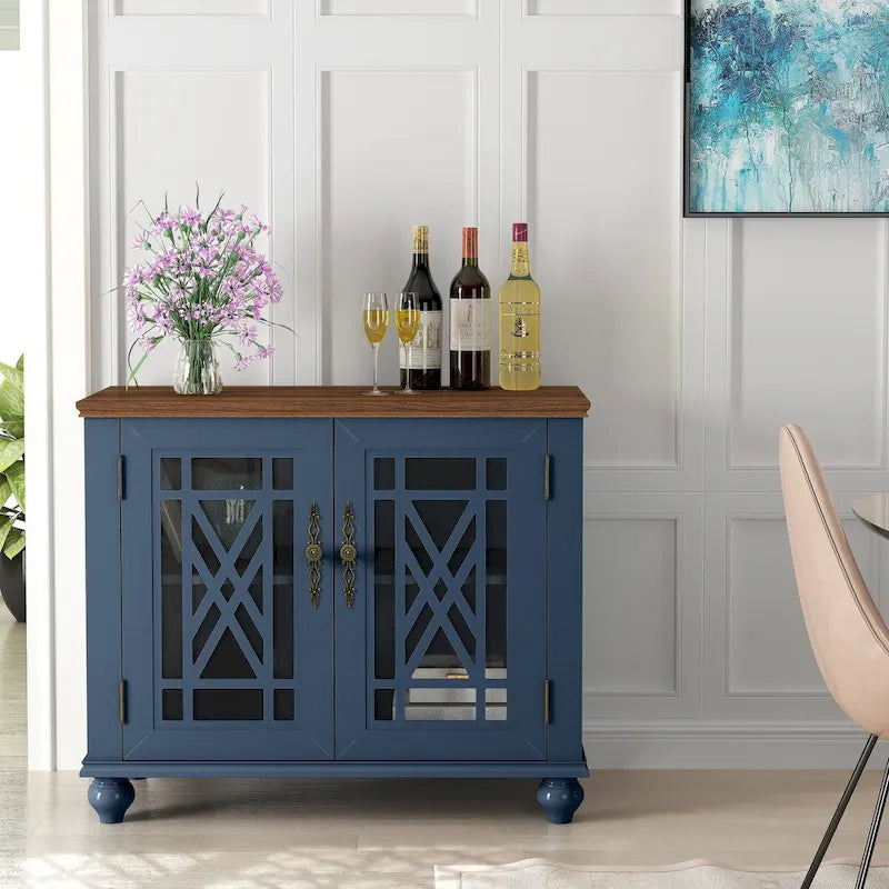 Vintage Style Wood Buffet Sideboard Cabinet with Glass Panel Doors
