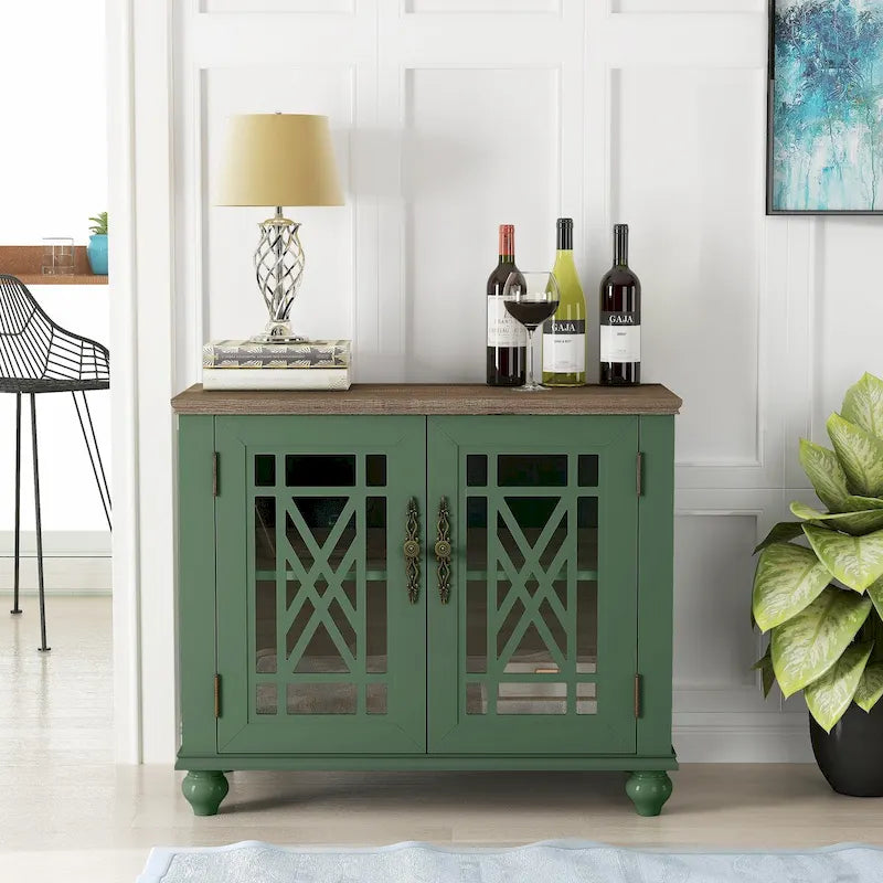 Vintage Style Wood Buffet Sideboard Cabinet with Glass Panel Doors