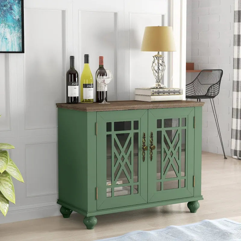 Vintage Style Wood Buffet Sideboard Cabinet with Glass Panel Doors