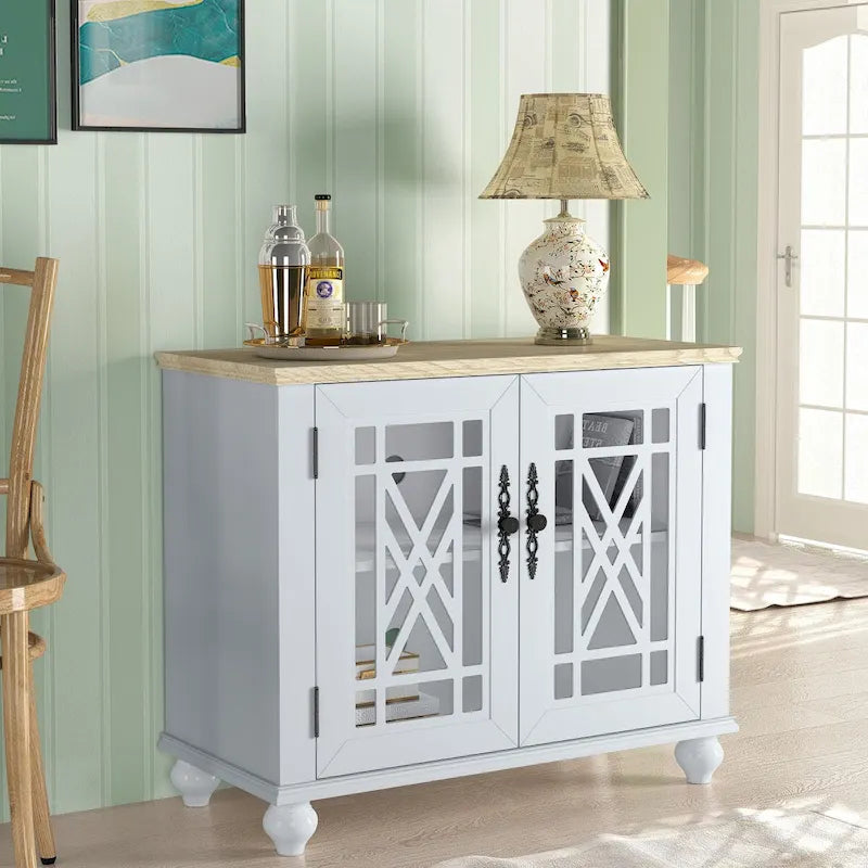 Vintage Style Wood Buffet Sideboard Cabinet with Glass Panel Doors