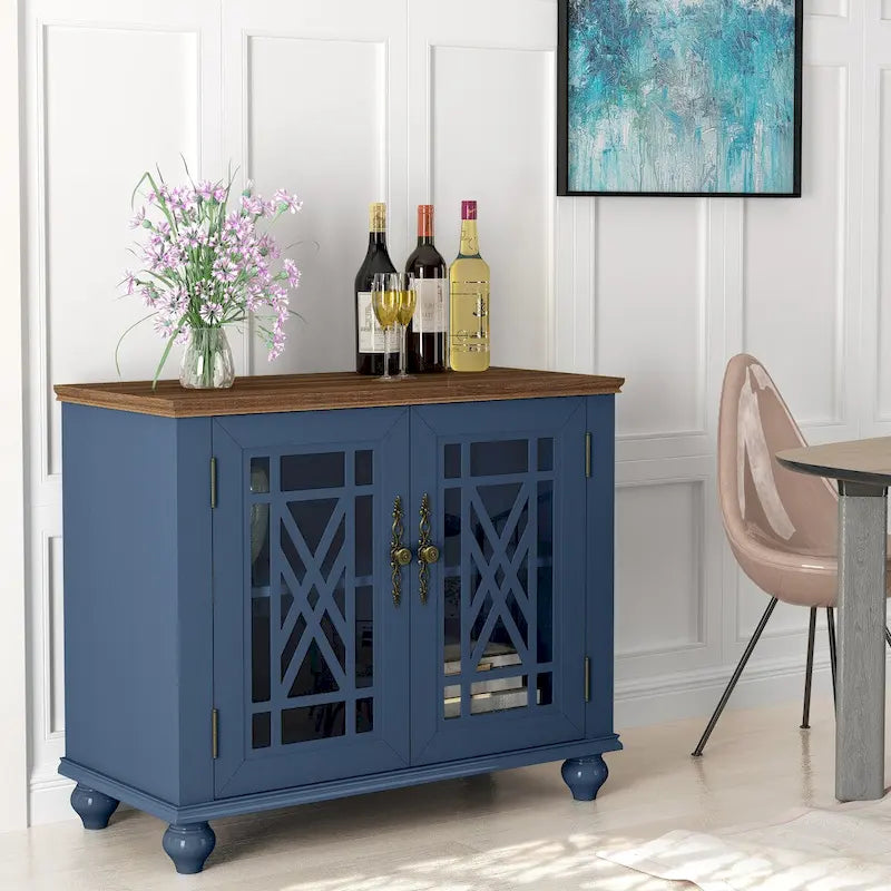 Vintage Style Wood Buffet Sideboard Cabinet with Glass Panel Doors