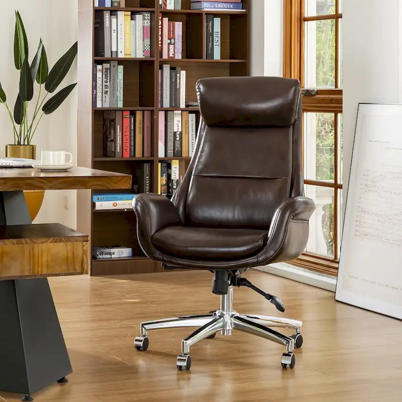 Mid-Century High-Back Adjustable Swivel Office Chair — Faux Leather