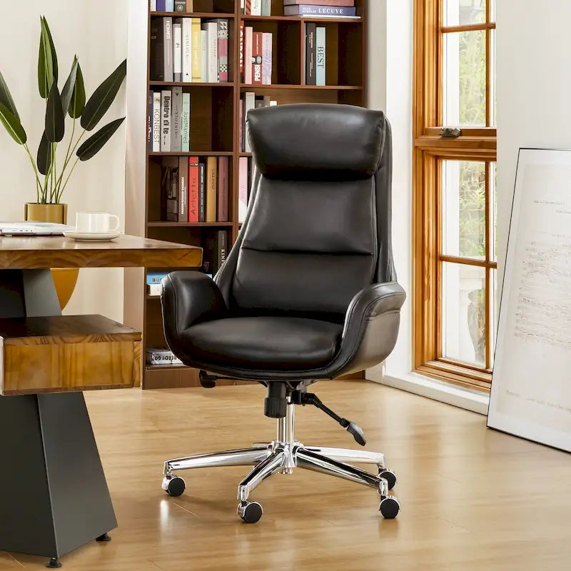 Mid-Century High-Back Adjustable Swivel Office Chair — Faux Leather