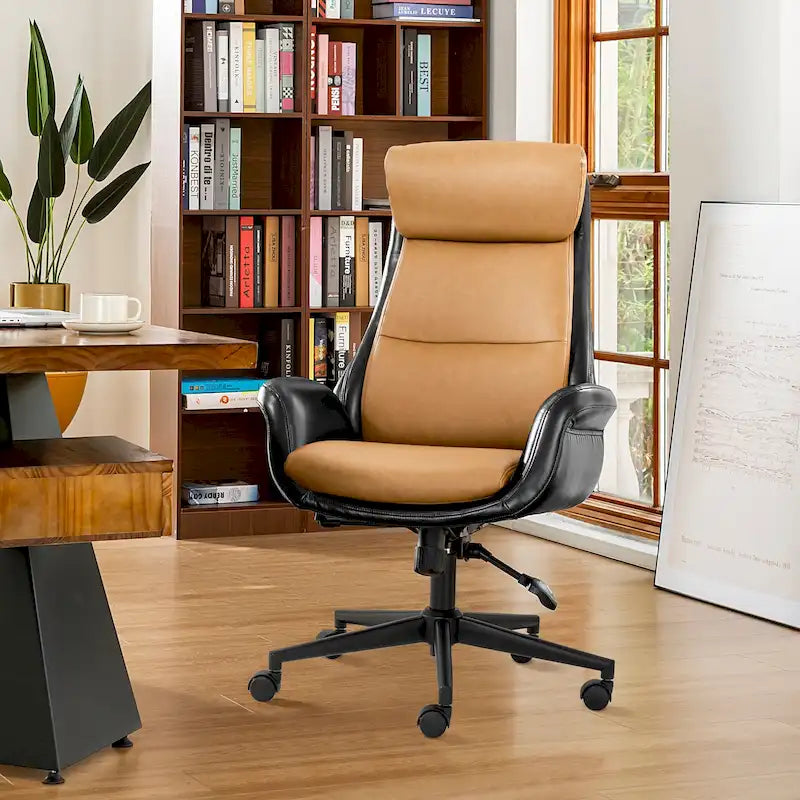 Mid-Century High-Back Adjustable Swivel Office Chair — Faux Leather