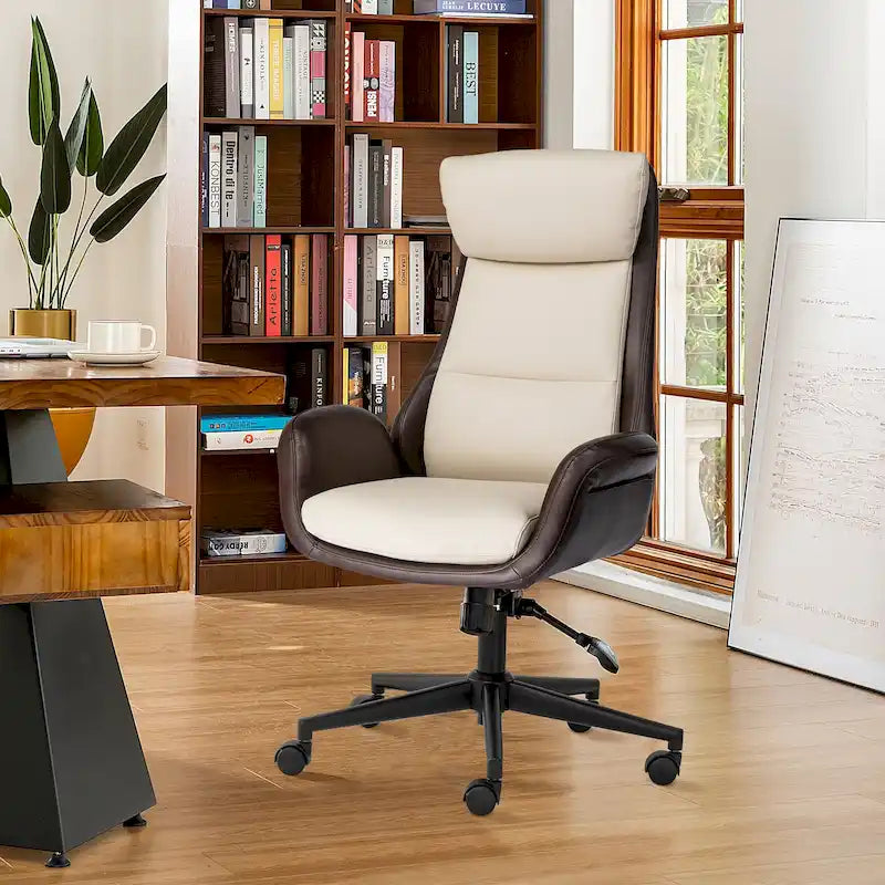 Mid-Century High-Back Adjustable Swivel Office Chair — Faux Leather