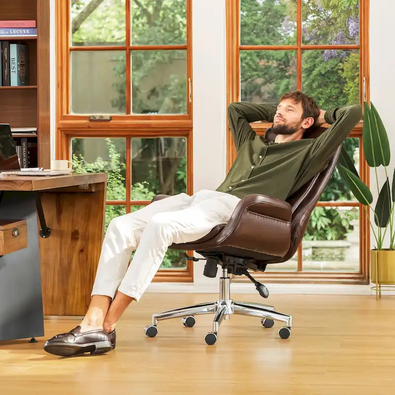 Mid-Century High-Back Adjustable Swivel Office Chair — Faux Leather