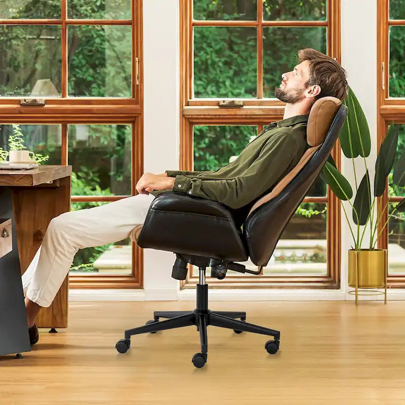 Mid-Century High-Back Adjustable Swivel Office Chair — Faux Leather