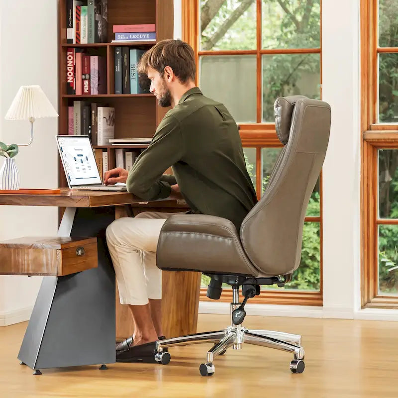 Mid-Century High-Back Adjustable Swivel Office Chair — Faux Leather