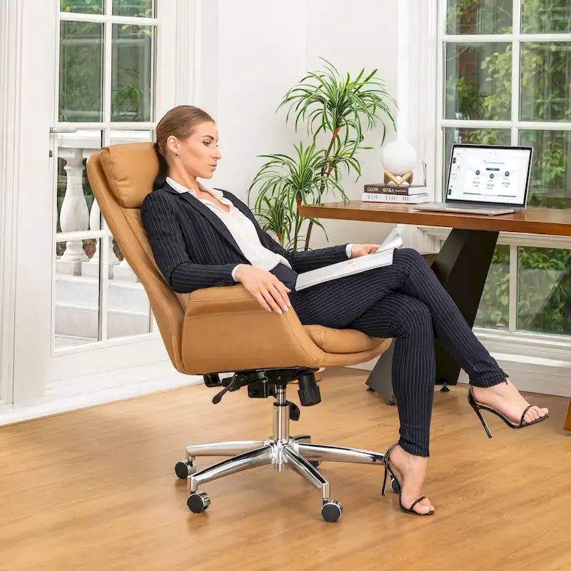 Mid-Century High-Back Adjustable Swivel Office Chair — Faux Leather
