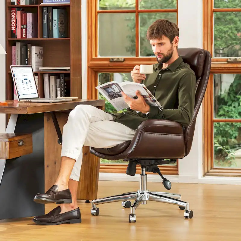 Mid-Century High-Back Adjustable Swivel Office Chair — Faux Leather