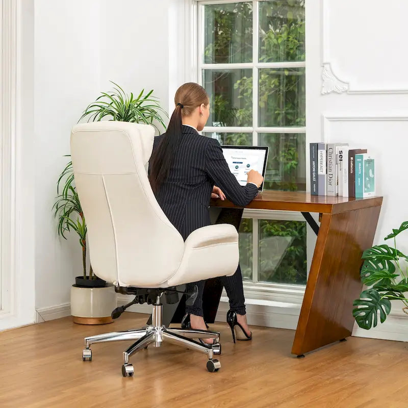 Mid-Century High-Back Adjustable Swivel Office Chair — Faux Leather
