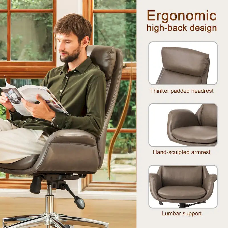 Mid-Century High-Back Adjustable Swivel Office Chair — Faux Leather