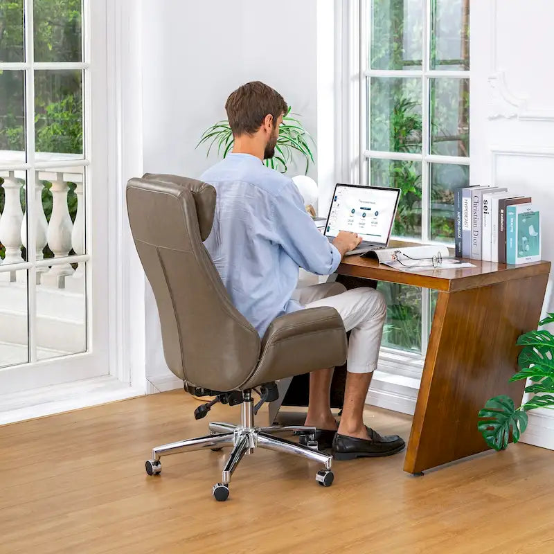 Mid-Century High-Back Adjustable Swivel Office Chair — Faux Leather