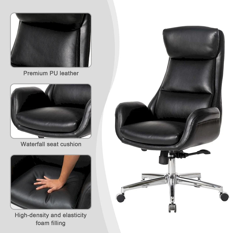 Mid-Century High-Back Adjustable Swivel Office Chair — Faux Leather