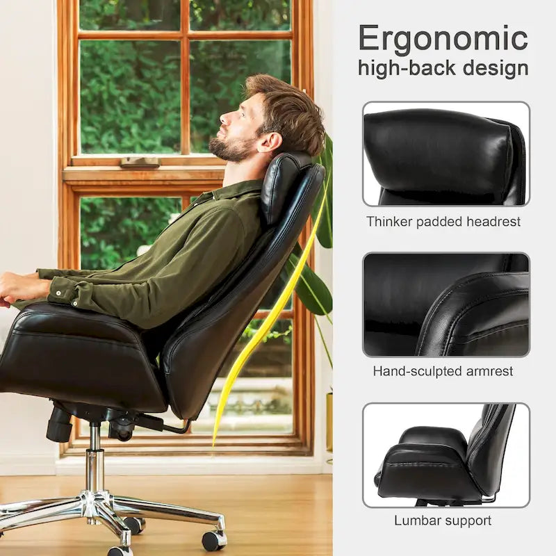 Mid-Century High-Back Adjustable Swivel Office Chair — Faux Leather