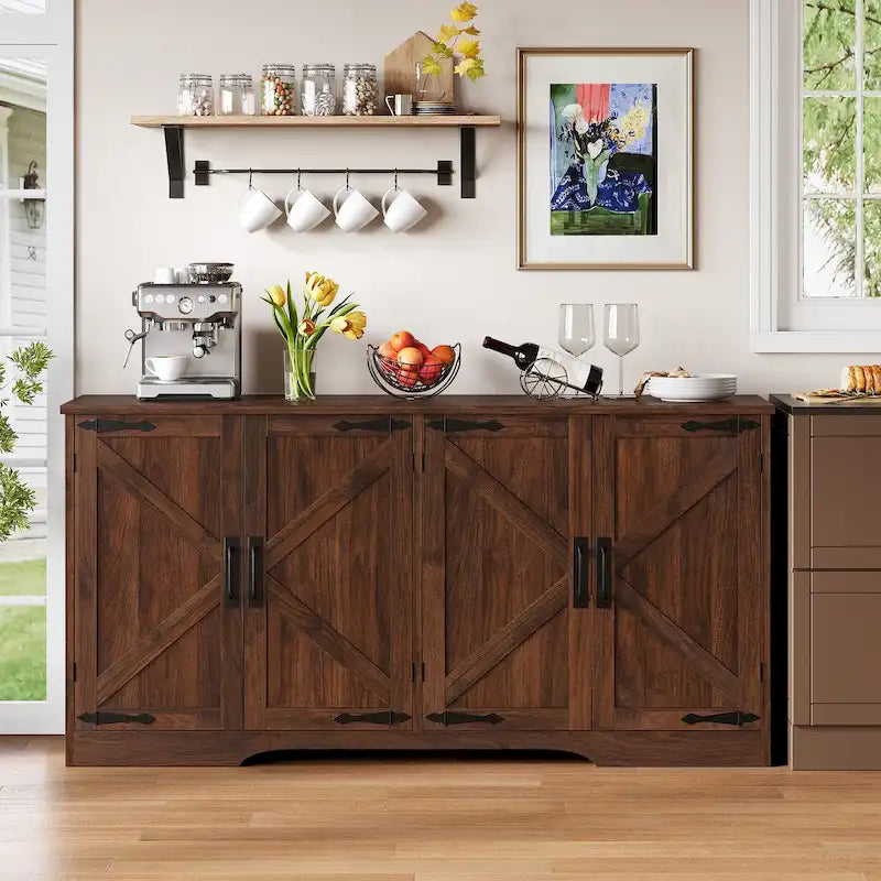 Farmhouse 4-Door Sideboard Cabinet with Adjustable Shelves — Dark Walnut