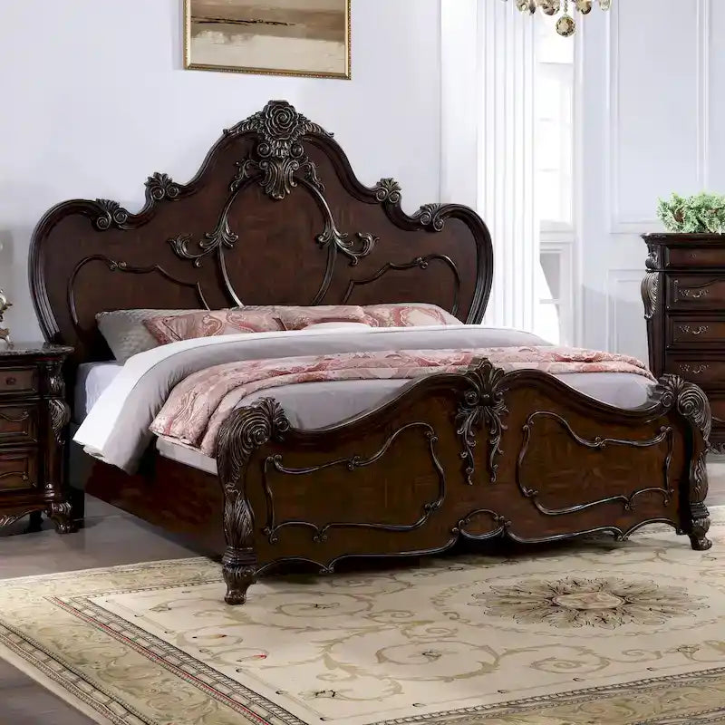 Lit à panneaux en bois massif sculpté de style baroque traditionnel