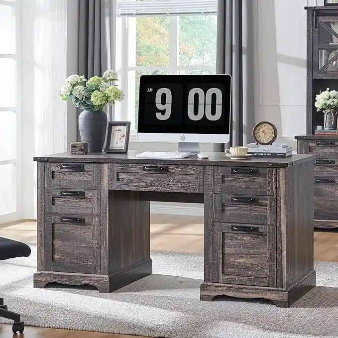 60" Farmhouse Executive Desk with Charging Station & File Drawer