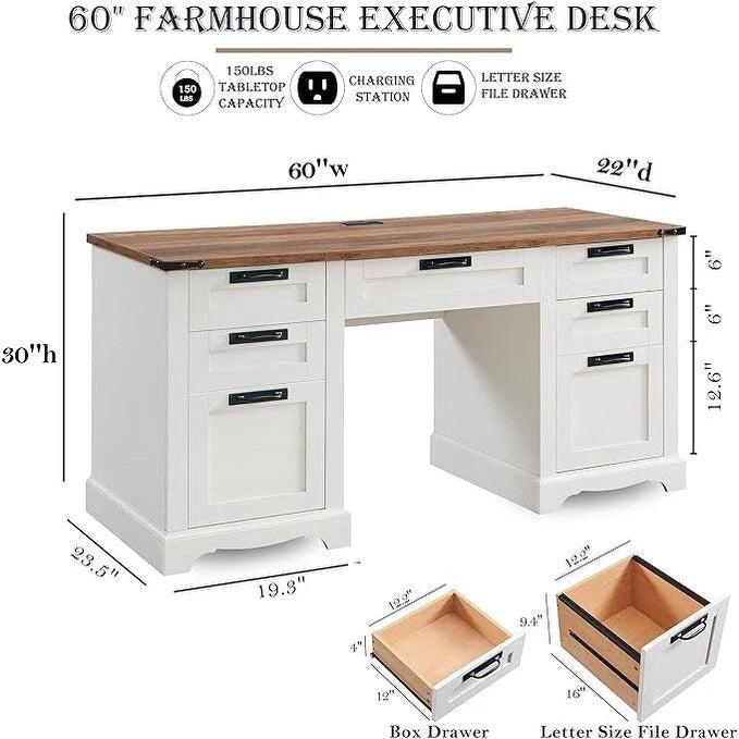 60" Farmhouse Executive Desk with Charging Station & File Drawer