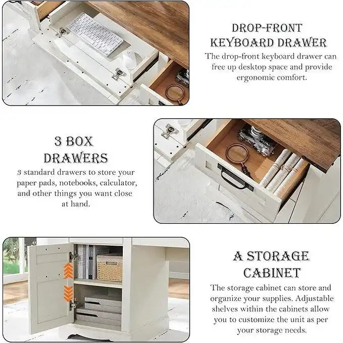 60" Farmhouse Executive Desk with Charging Station & File Drawer