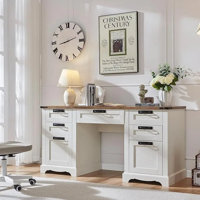 60" Farmhouse Executive Desk with Charging Station & File Drawer