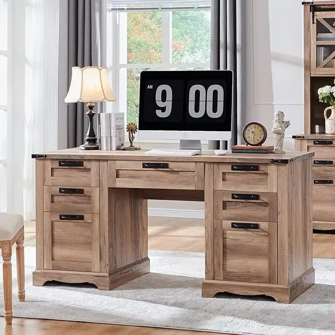 60" Farmhouse Executive Desk with Charging Station & File Drawer