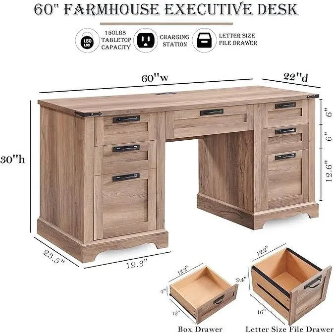 60" Farmhouse Executive Desk with Charging Station & File Drawer