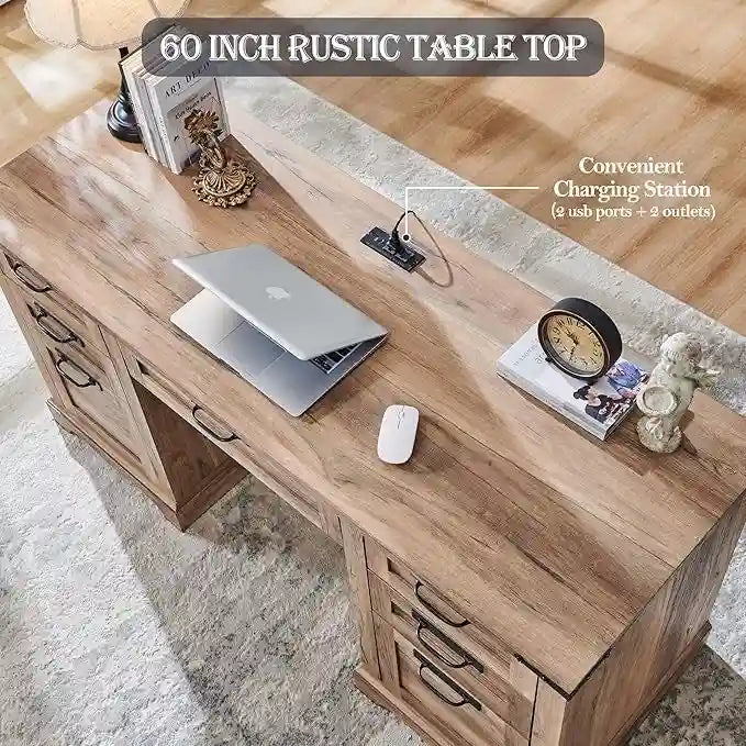 60" Farmhouse Executive Desk with Charging Station & File Drawer