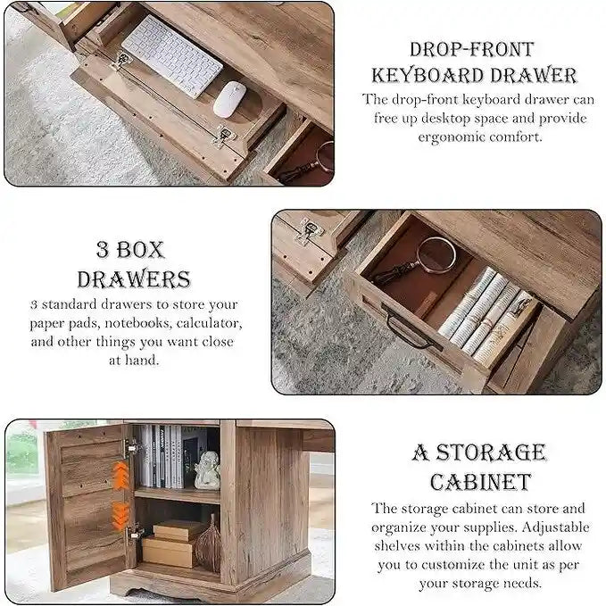 60" Farmhouse Executive Desk with Charging Station & File Drawer