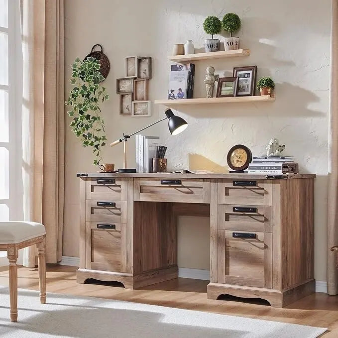 60" Farmhouse Executive Desk with Charging Station & File Drawer