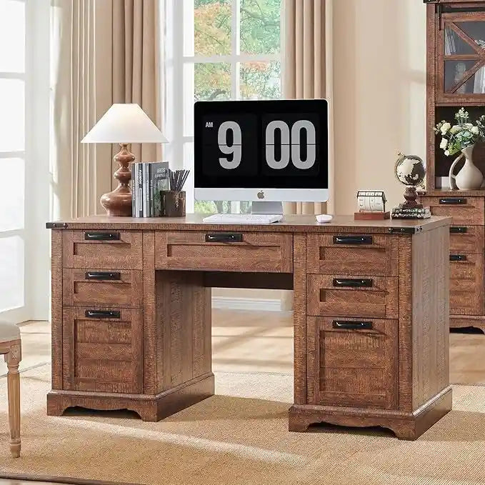 60" Farmhouse Executive Desk with Charging Station & File Drawer