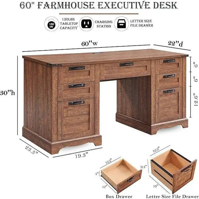 60" Farmhouse Executive Desk with Charging Station & File Drawer
