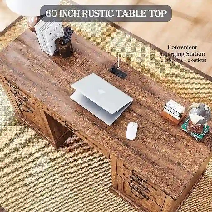 60" Farmhouse Executive Desk with Charging Station & File Drawer